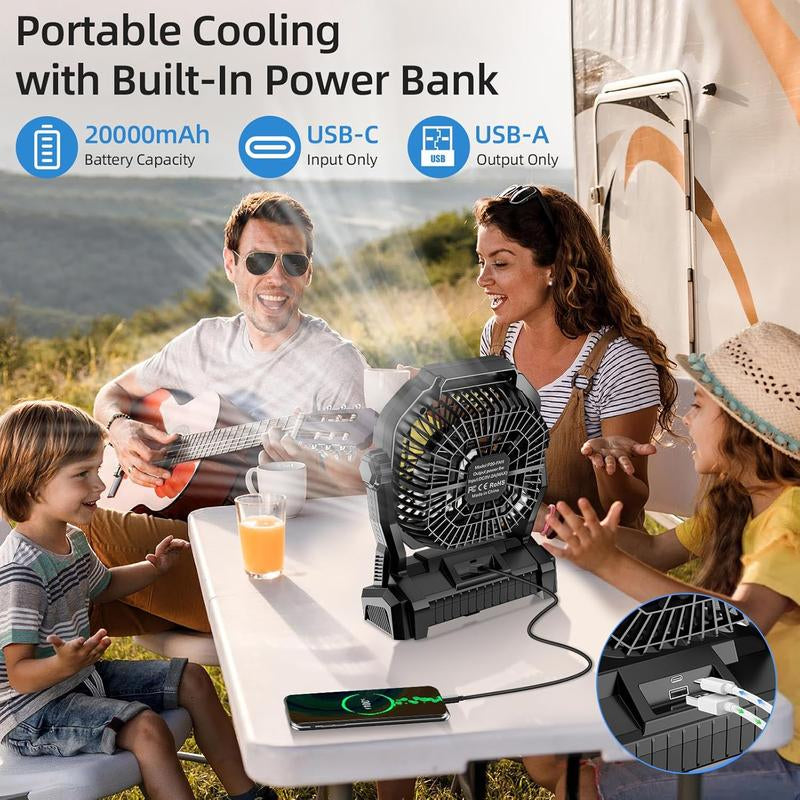 Camping Fan Rechargeable, 20000Mah Battery Powered Portable Fan with LED Light & Hook, 4-Speed 270° Adjustable, Camping Essentials for Tent, Outdoor