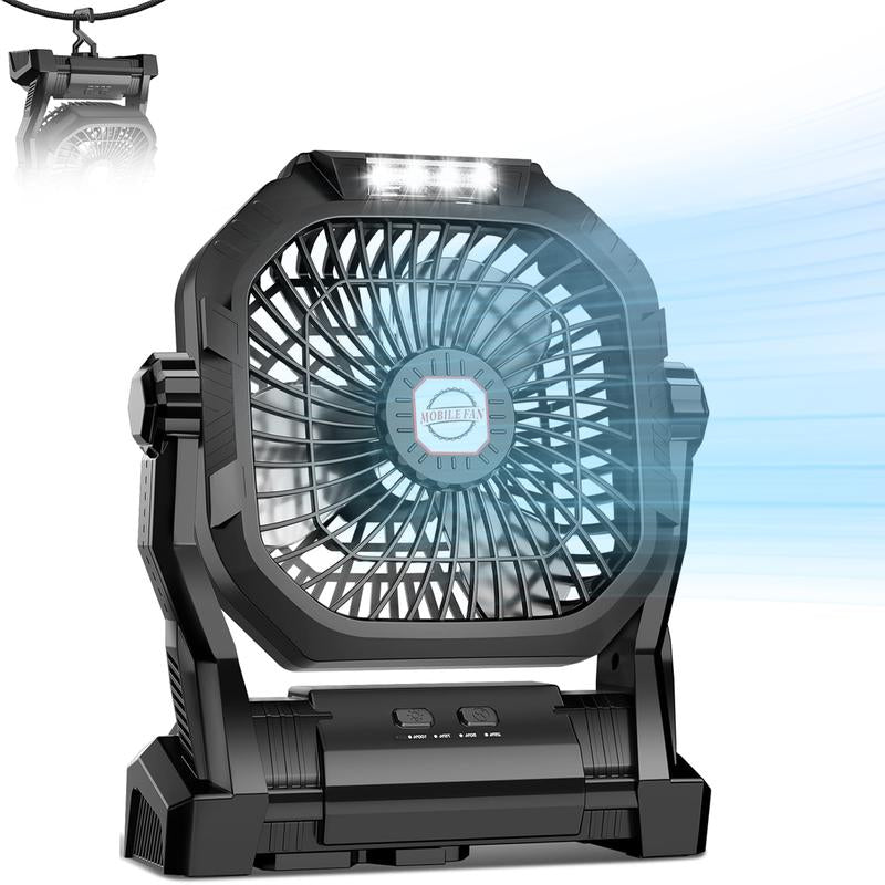 Camping Fan Rechargeable, 20000Mah Battery Powered Portable Fan with LED Light & Hook, 4-Speed 270° Adjustable, Camping Essentials for Tent, Outdoor