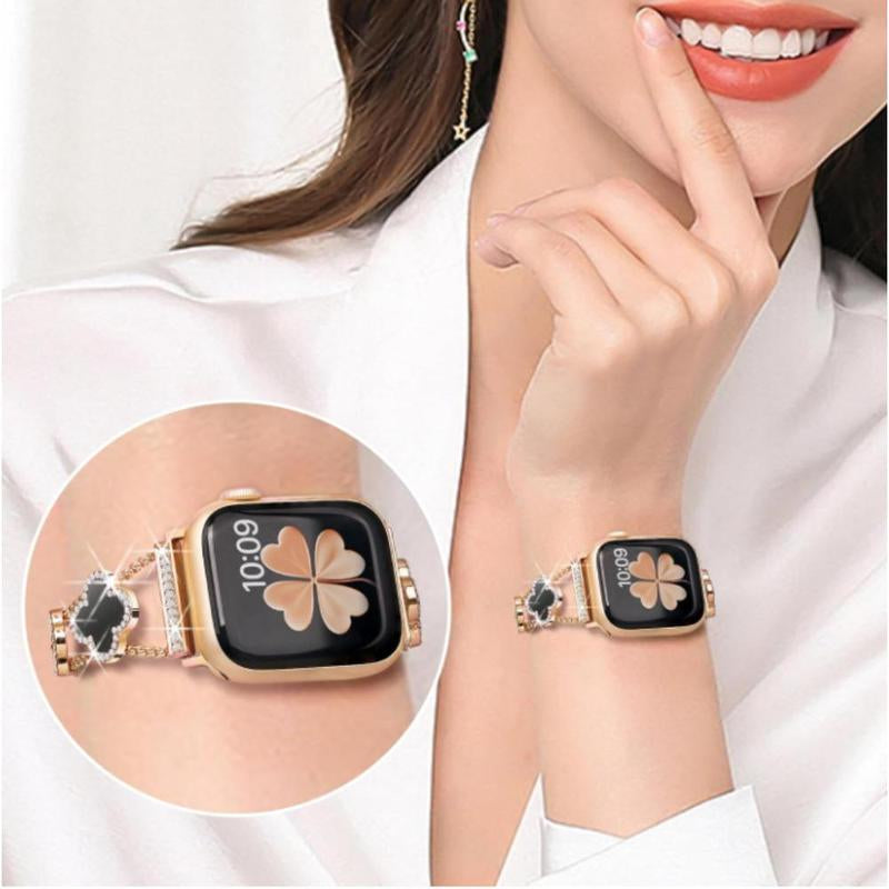 ZY Black Shell Clover Slim Metal Bracelet for Apple Watch - Business & Dressy Strap Compatible Ultra 2/Ultra/Series 9-1/SE/SE2 (38-49Mm) Women & Men (Watch Not Included)