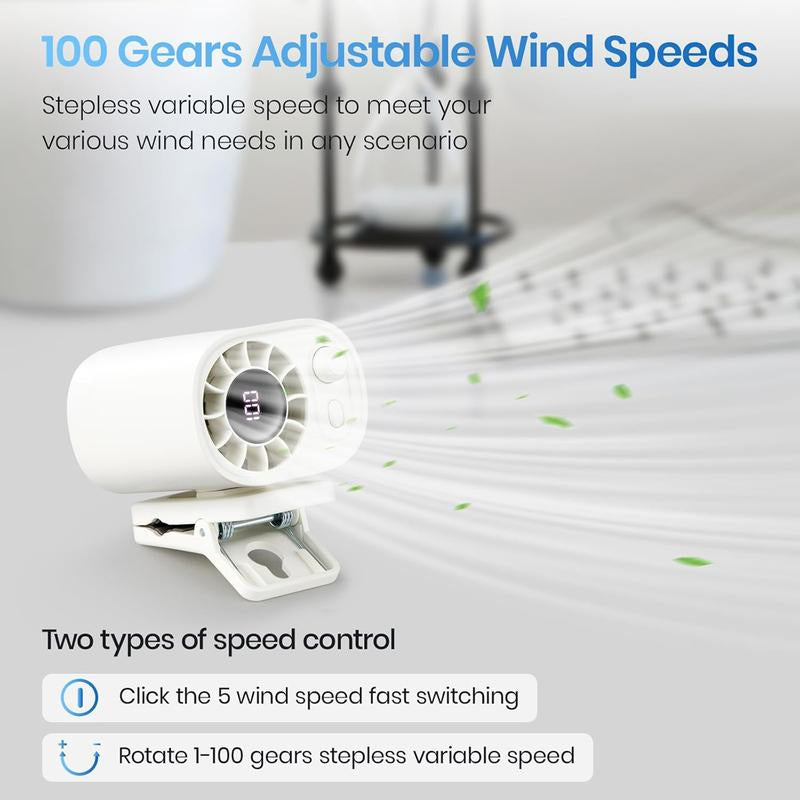 【Freeship】Portable 360° Rotating Car Clip-On Fan with LED Display,100 Speed Settings, USB Rechargeable, 1800Mah Battery, Quiet Personal Cooling Fan for Outdoor Travel, Hiking & On-The-Go Comfort