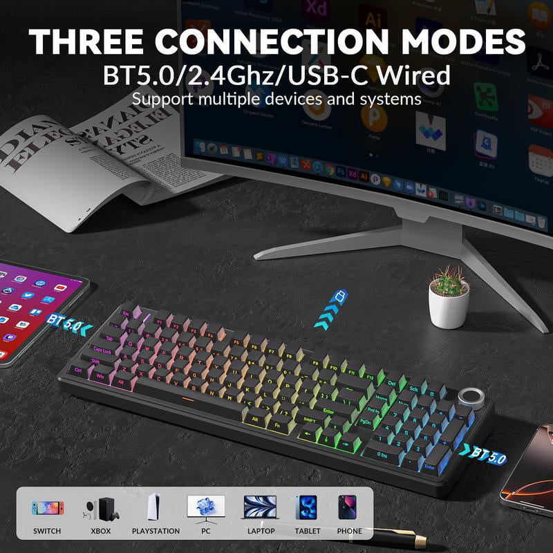 [Silent Switches]Aula F99 Pro Tri-Mode Mechanical Wireless Keyboard with Knob, Bt5.0/Usb-C/2.4Ghz,Hot Swappable,Pre-Lubed Switches,Gasket Structure,Rgb Backlit Computer Gaming Keyboard (Black) Creamy Keyboard Office PC Accessories Tiktokshopbacktoschool