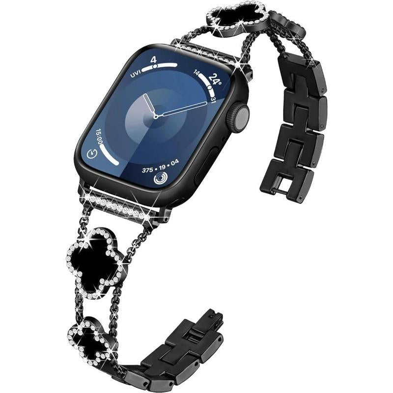 ZY Black Shell Clover Slim Metal Bracelet for Apple Watch - Business & Dressy Strap Compatible Ultra 2/Ultra/Series 9-1/SE/SE2 (38-49Mm) Women & Men (Watch Not Included)