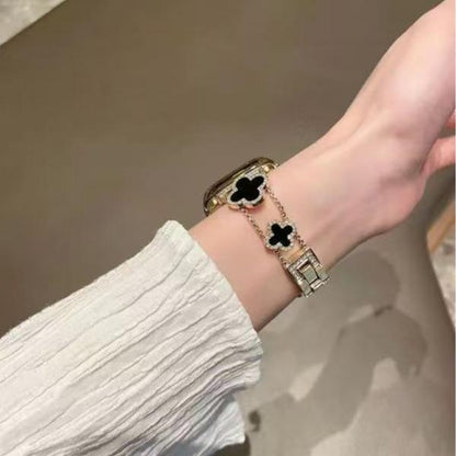 ZY Black Shell Clover Slim Metal Bracelet for Apple Watch - Business & Dressy Strap Compatible Ultra 2/Ultra/Series 9-1/SE/SE2 (38-49Mm) Women & Men (Watch Not Included)
