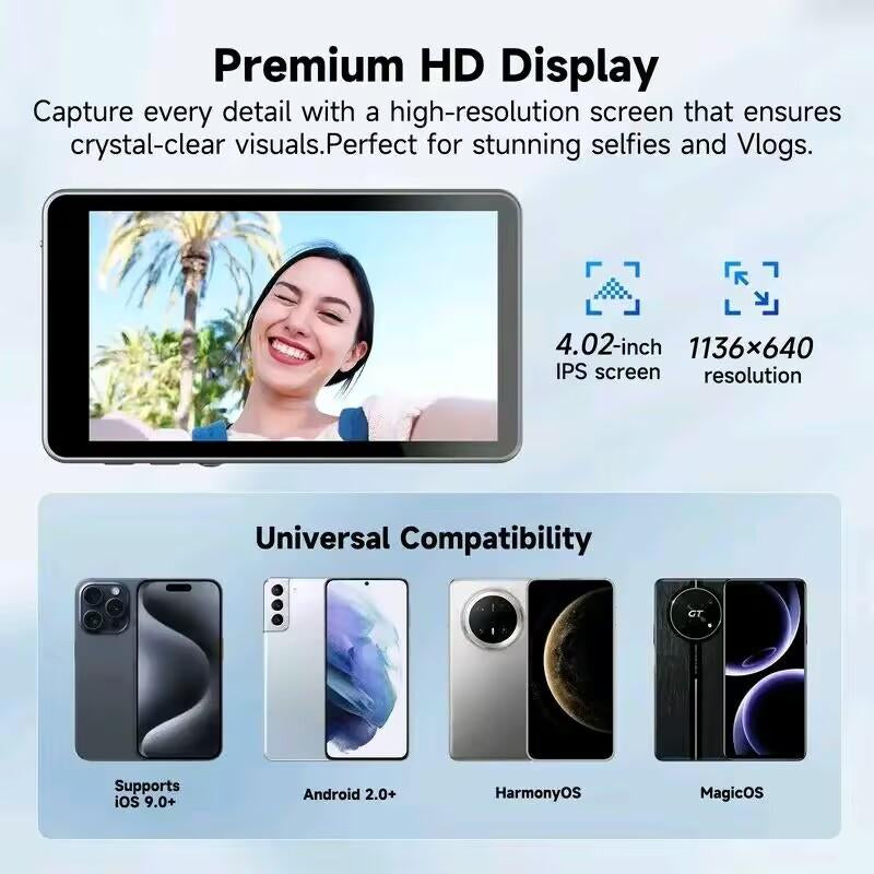 Magnetic Phone Vlog Selfiemonitor Screen,1080P Wireless Recording, Filming Tools ,Usingphone Rear Camera for Selfie Vlog Live Streamtiktok,Compatible with Iphone Andandroid(Support 4K 30Fps Wired Recording） Cellphone Accessories Smartphone
