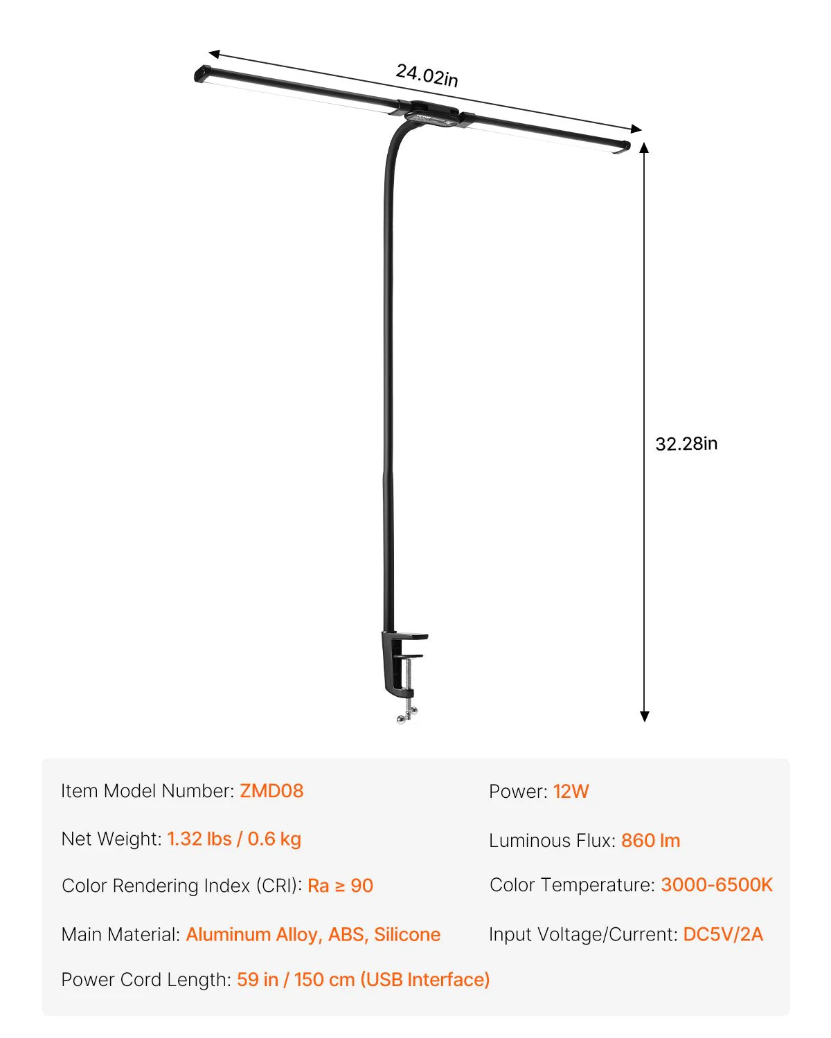 Dual‑Head LED Clamp Desk Lamp – 360° Adjustable Gooseneck Task Light