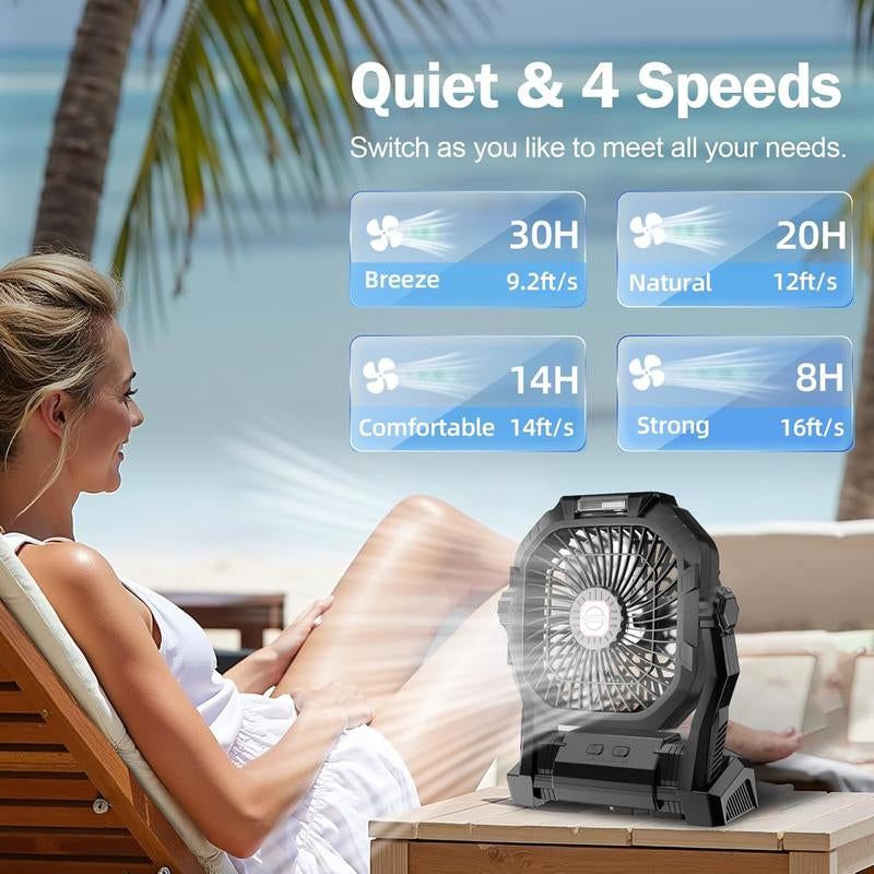 Camping Fan Rechargeable, 20000Mah Battery Powered Portable Fan with LED Light & Hook, 4-Speed 270° Adjustable, Camping Essentials for Tent, Outdoor