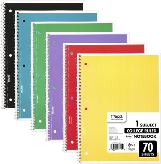 Mead 1‑Subject Spiral Notebooks (6 Pack) – College Ruled, 70 Sheets, 7.5" x 10.5" Assorted Colors