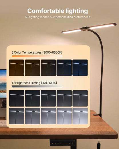 Dual‑Head LED Clamp Desk Lamp – 360° Adjustable Gooseneck Task Light