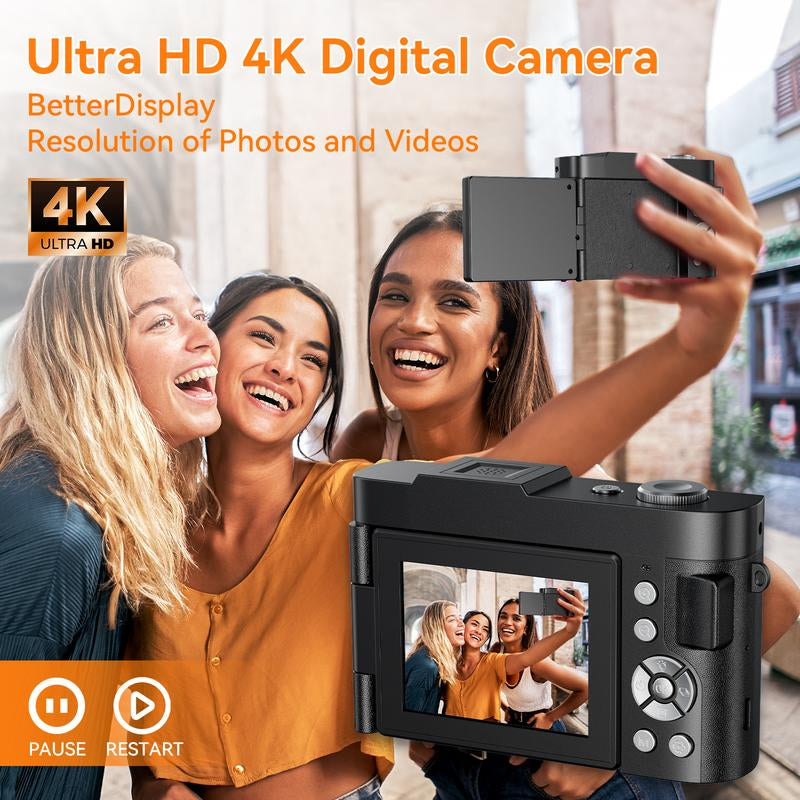 Upgrade 4K Digital Camera for Photography 50MP with 3'' 180° Flip Screen 16X Zoom Autofocus Youtube Vlogging Camera, Compact Point and Shoot Cameras with 32G Card, Rechargeable Battery & Charging Cable(Black)