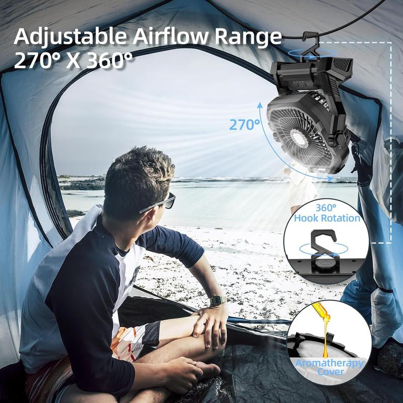 Camping Fan Rechargeable, 20000Mah Battery Powered Portable Fan with LED Light & Hook, 4-Speed 270° Adjustable, Camping Essentials for Tent, Outdoor
