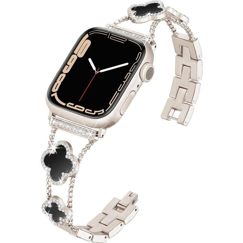 ZY Black Shell Clover Slim Metal Bracelet for Apple Watch - Business & Dressy Strap Compatible Ultra 2/Ultra/Series 9-1/SE/SE2 (38-49Mm) Women & Men (Watch Not Included)