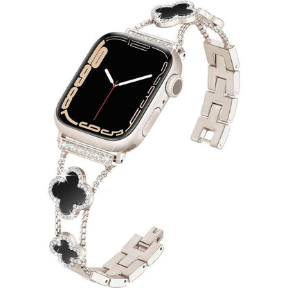 ZY Black Shell Clover Slim Metal Bracelet for Apple Watch - Business & Dressy Strap Compatible Ultra 2/Ultra/Series 9-1/SE/SE2 (38-49Mm) Women & Men (Watch Not Included)