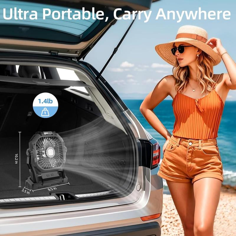 Camping Fan Rechargeable, 20000Mah Battery Powered Portable Fan with LED Light & Hook, 4-Speed 270° Adjustable, Camping Essentials for Tent, Outdoor