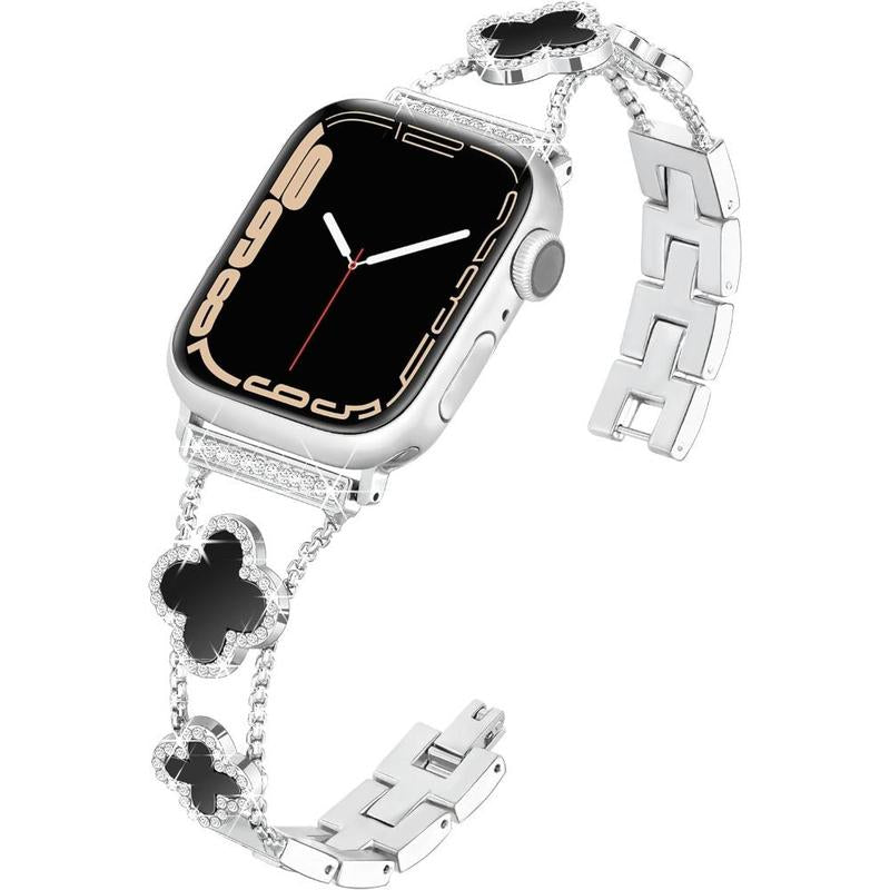 ZY Black Shell Clover Slim Metal Bracelet for Apple Watch - Business & Dressy Strap Compatible Ultra 2/Ultra/Series 9-1/SE/SE2 (38-49Mm) Women & Men (Watch Not Included)