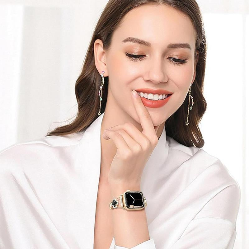ZY Black Shell Clover Slim Metal Bracelet for Apple Watch - Business & Dressy Strap Compatible Ultra 2/Ultra/Series 9-1/SE/SE2 (38-49Mm) Women & Men (Watch Not Included)