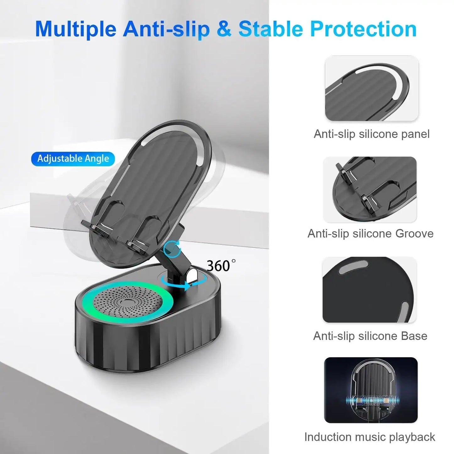 5 In1 Wireless Induction Bluetooth Speaker Phone Stand Cellphone Charger Power Bank Atmosphere Light Tablet Holder Bracket Black