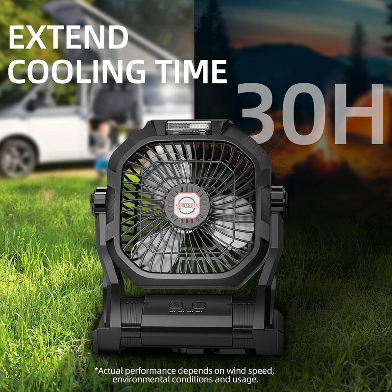 Camping Fan Rechargeable, 20000Mah Battery Powered Portable Fan with LED Light & Hook, 4-Speed 270° Adjustable, Camping Essentials for Tent, Outdoor