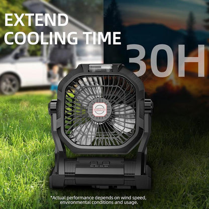 Camping Fan Rechargeable, 20000Mah Battery Powered Portable Fan with LED Light & Hook, 4-Speed 270° Adjustable, Camping Essentials for Tent, Outdoor